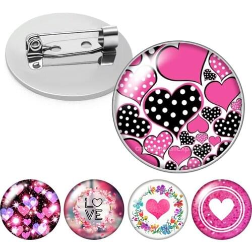 Beauty Hearts Love Romantic Valentines Day Lover Pink Glass cabochon Brooch Dome Photo Jewelry Brooches Pin Men Woman Gift
