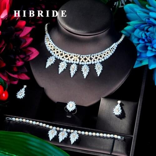 HIBRIDE Brilliant Women Pendant Double Tone Bangle Jewelry Set CZ Earrings Necklace Women Bridal Jewelry Set Party Gifts N-912