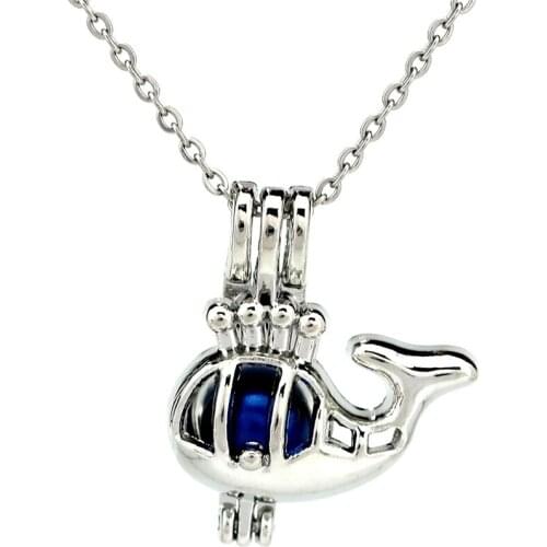 K915 Silver Alloy Whale Spout Ocean Beads Pearl Cage Pendant Chain Aroma Essential Oil Diffuser Locket Necklace