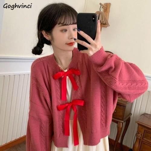 Cardigan Womens Casual Knitted Oversize Bow Bandage Kawaii Retro Autumn Loose Korean Style Chic Sweaters Female Elegant Stylish