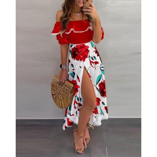 Women Fashion Elegant Casual Beach Hobo Sleeveless Top & Long Slit White Skirt Sets Off Shoulder Ruffle Tops Split Skirt Sets