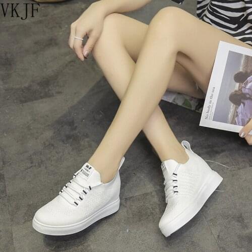 White Platform Shoes Women Wedge Sneakers Lace Up Black Breathable Women Casual Shoes Zapatos Mujer Height Increase Shoes