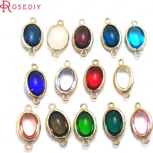 10PCS 23x12MM 24K Champagne Gold Color Brass and Glass 2 Holes Oval Connect Charms Pendants Diy Jewelry Findings Accessories
