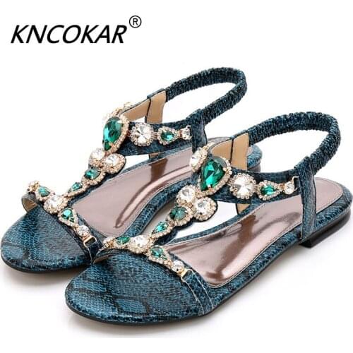 Summer New Fund Of Clip-Toed Beach Shoe Ethical Wind Water Drills Beaded Flat Bottom Shoe Snake Grain Bohemian Big yard Sandals