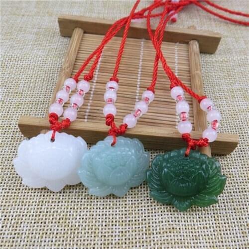 Fashion White Green Lotus Pendant Necklace Flower Lucky Amulet Necklace With Red Rope Chain For Men Women Jewelry Gifts