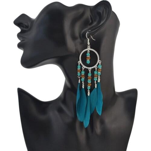 Vintage Long Tassel Fashion Feather crystal Style Ethnic Boho Big Dangle Statement Earring Wedding Earrings Accessories Wholesal