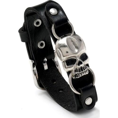 Punk Fashion Skull Black Bracelet Belt Vintage Skeleton Leather Charm Wristbands Retro Wrap Bangle Women Men Gothic Rock Jewelry
