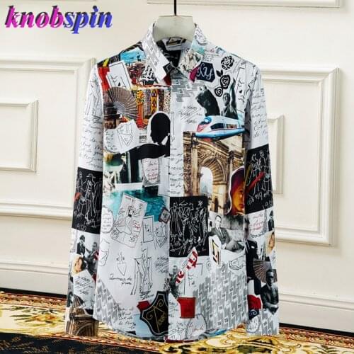 Plus size 4XL Graffiti poster Print Shirt men Brand long sleeve Slim Camisas masculina Casual Business male Pure Cotton Shirts