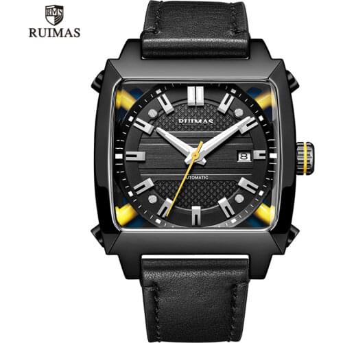 RUIMAS Luxury Genuine Leather Automatic Watches Men Square Dial Sport Wristwatch Mechanical Clock Hour Relogios Masculino 6763G