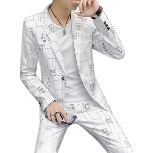 Mens Suit Jacket Autumn Slim Fit One Button Blazer Fashion New Formal England Male Plaid Dress Coat Trousers Pants 2 Pieces Set