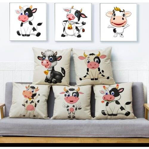Funny Cartoon Dairy Cow Print Cushion Cover 45*45 Linen Pillowcase Kid Gift Sofa Home Decor Throw Pillows Covers