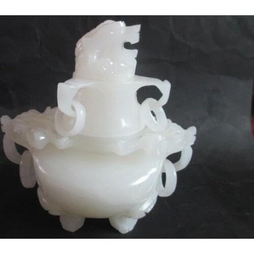 Elaborate 100% of Afghanistan white jade dragon auspicious incense burner, the mythical wild animal