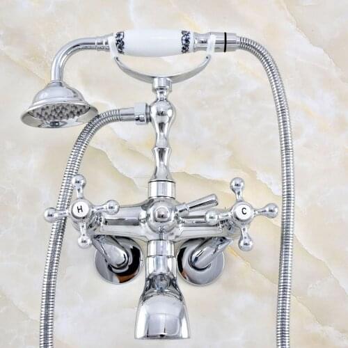 Silver Polished Chrome Brass Wall Mounted Dual Cross Handles Clawfoot Bathtub Faucet Handshower - Adjusts From 3-3/8" aqg418