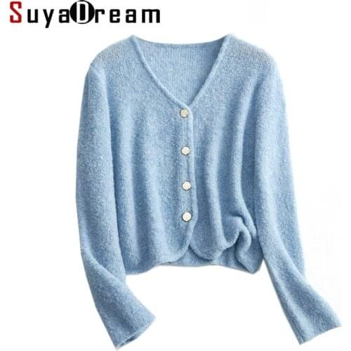 SuyaDream Woman Short Cardigan Single Breasted 81.3%Sheep Wool Casual Sweaters 2021 Autumn Winter Outwears Purple Pink