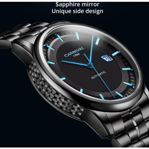 Japan MIYOTA 8215 Watch CARNIVAL Mens Watches Automatic Mechanical Waterproof Sapphire Calendar Full Steel Business Montre homme