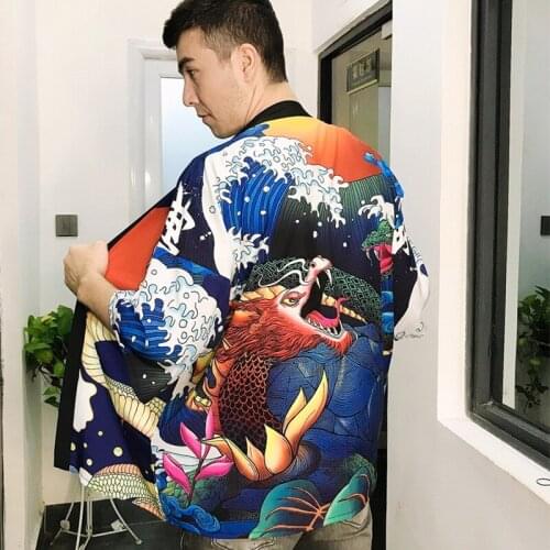 Yukata Men Japanese Kimono Streetwear Samurai Custume Harakuju Japanese Kimono Traditional Cosplay Haori Obi Japan shirt 2021