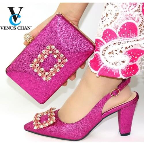 Fuchsia Color Autumn Fashion Ladies Slipper And Matching Bag Set Italy Style High Heel Shoes And Bag Set For Party Large Size