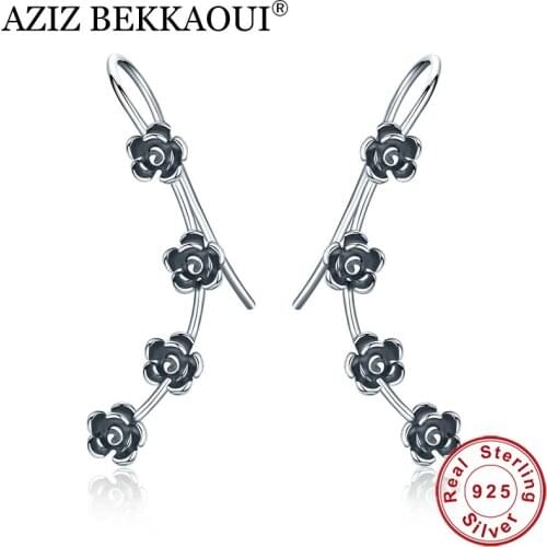 AZIZ BEKKAOUI Vintage Authentic 100% 925 Sterling Silver Rose Flower Stud Earrings for Women Plant Shape Sterling Silver Jewelry