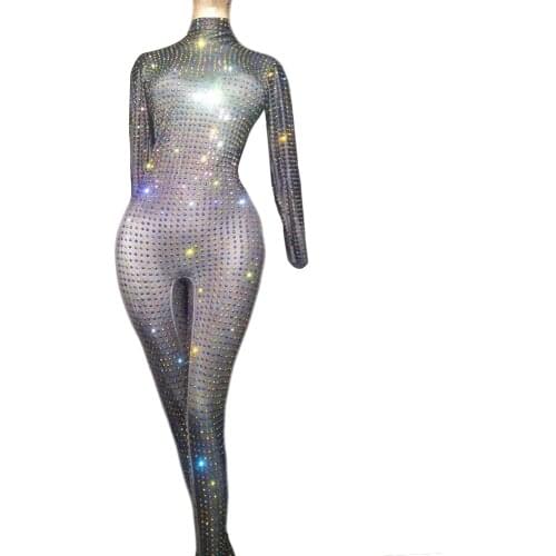 Christia Bella Sexy Multicolour Rhinestone Women Party Jumpsuit Tight Fitting Black Beading Rompers Singer Dancer Club Bodysuits