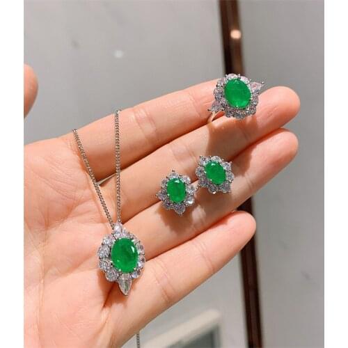QTT Brilliant Jewelry Sets For Women Emerald Tourmaline Gemstone Wedding Accessories S925 Silver Necklace Ring Earrings Sets