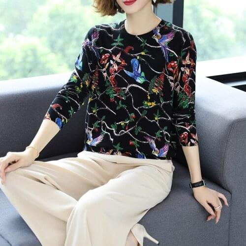 Women Vintage Printing Sweater Blouse Autumn Floral Printed Jumper Ladies Long Sleeve Knitwear Tops Pullovers