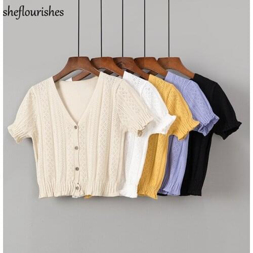 2021 Summer sweater women knitted short sleeve cardigan kawaii v neck top ruffle hollow out sweater white black cardigan yellow