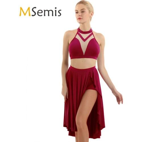 Womens Gymnastic Ballet Dance Dress Outfit Asymmetric Lyrical Dancewear Halter Neck Backless Crop Top with Built In Shorts Skirt