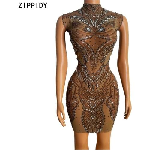 Silver Rhinestone Transparent Dress Bar Evening Birthday Celebrate Outfit Prom Women Dance Sleeveless Short Dress