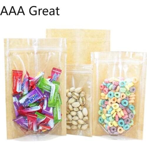 100Pcs/Lot Stand Up Bags Zipper Packaging Tea Food Plastic Food Storage Bag Front Clear Kraft Paper Pouches Candy Gift