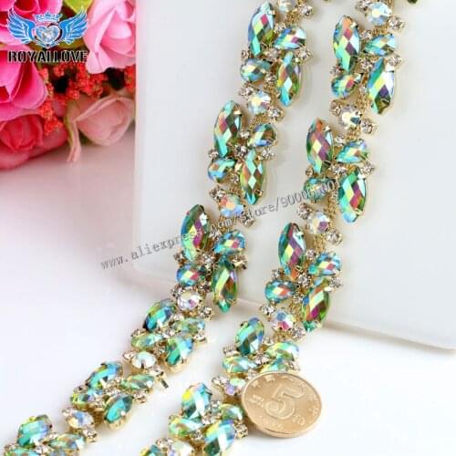 2yards Gold AB stone Crystal Rhinestone metal Chain Bridal Sash Rhinestone Trim Applique Trimming DIY Wedding Sash Accessories