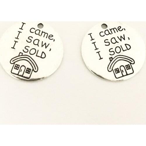 High Quality 20 Pieces/Lot Diameter 23mm Letter Printed I Came I Saw I Sold Round Disc Metal Words Charm Pendant For Jewelry Diy