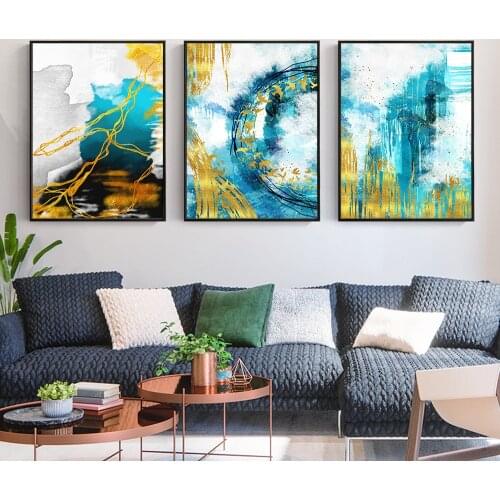 3panel Abstract Blue With Gold Canvas Printing And Poster Modern Wall Art For Living Room Decor Nordic Landscape Wall Painting