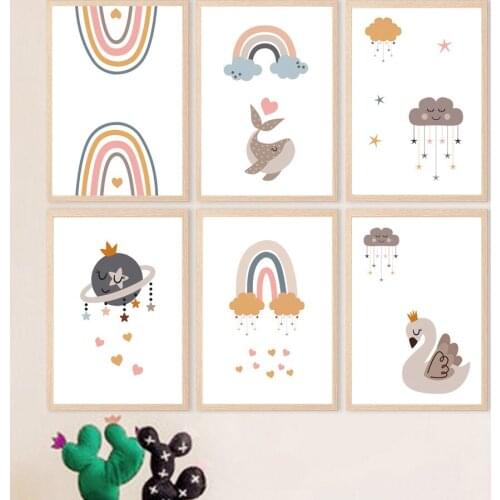 Boho Rainbow Stars Cloud Planet Whale Swan Wall Art Canvas Painting Nordic Posters And Prints Wall Pictures Baby Kids Room Decor