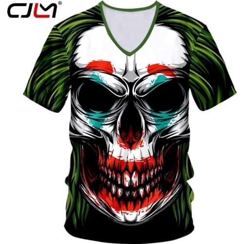 CJLM Mens Novel V Neck Tshirt 3D Printed Clown Skull Horror Tee Shirt Handsome Hip Hop Man Gothic Glitter T-shirt
