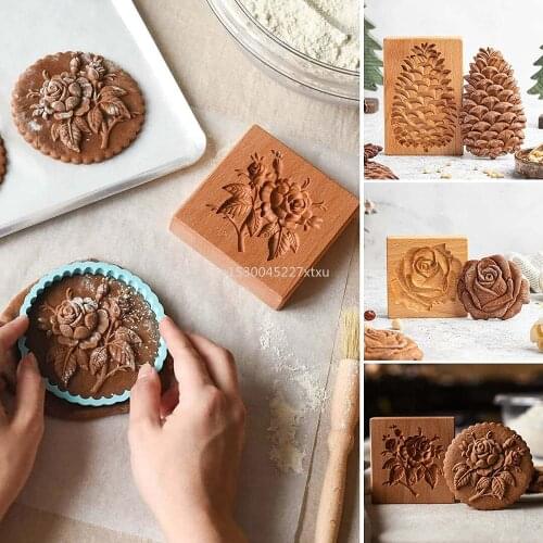 Wooden Provance Cookie Cutter Mold Press 3D Cake Embossing Baking Mold Tools Rose Flower Gingerbread Biscuit Cookie Stamp Bakery