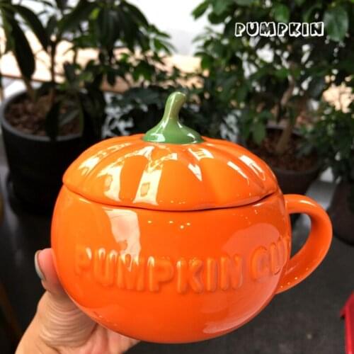 Cute Pumpkin Cups Coffee Milk Mugs with Lid Creative Cartoon kids Home Breakfast Cup 3D Ceramic Mug Drop Shipping