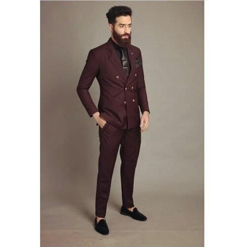 Latest Coat Pant Designs Burgundy Men Suit Double Breasted Slim Fit Skinny 2 Piece Tuxedo Custom Groom Suits Terno Masculino S1
