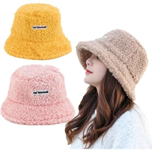 2021 New Lamb Faux Fur Bucket Hat Thickened Warm Ear Teddy Velvet Winter Hats For Women Lady Bob Plush Fisherman Hat Plush Caps