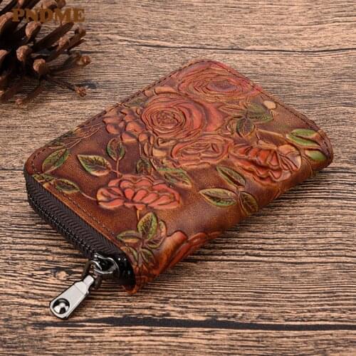 PNDME retro genuine leather hand-embossed flower womens card bag fashion natural cowhide business card holder card coin purse