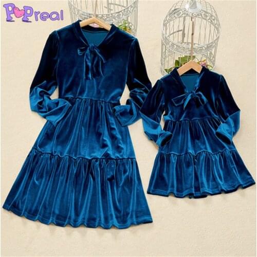 PopReal Autumn Fashion Solid Bow Lacing Long Sleeve Dress Mom And Daughter Skirt Mother Kids Family Look Parent-Child Outfit