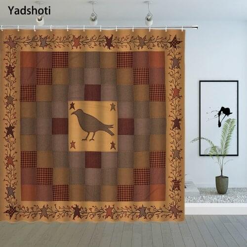Primitive Country Shower Curtain Crow Rustic Plaid Patchwork Americana Cabin Farmhouse Burgundy Red Fabric Bathroom Curtains