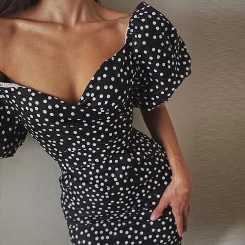 Puloru Vintage Polka Dot Off Shoulder Puff Sleeve Bodycon Dress Women Low Cut Strapless Midi Dress Party Club Formal Gown