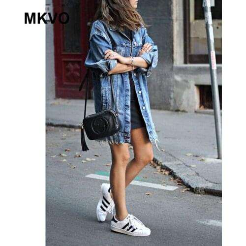 Spring and Autumn Womens Denim Tops Long Hole Denim Jacket Windbreaker High Street Heyi Lapel Jacket Women S-XLS