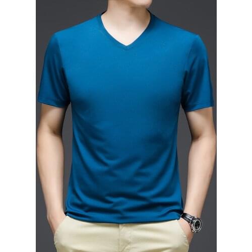 Silk cotton silk silk silk short-sleeved t-shirt mens tide.summer loose casual white round v collar half-sleeved bottom shirt