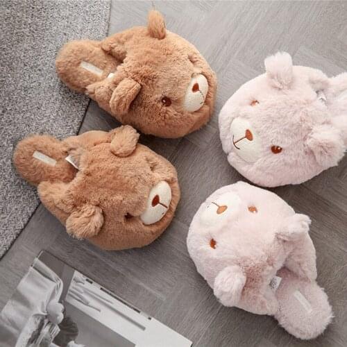 Cartoon Bear Winter Women Slippers Cute Animal Home Warm Shoes Girls Fashion Plush Bedroom Slides Soft Sole Non-slip Flip Flops