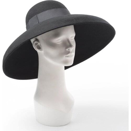 Vintage Luxury Catwalk Black Pure Wool Felt Floppy Hat Wide Brim Women Winter Fedora Cloche Bowler Hat Wedding Party Church Hat