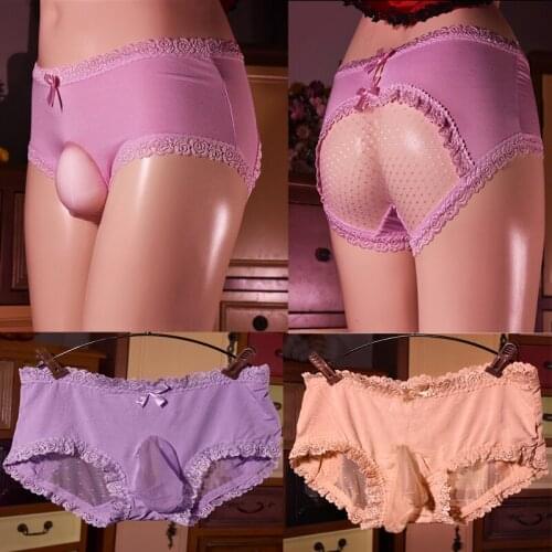 New Mens Sexy silk transparent Lace briefs Penis Pouch underwear Opened Penis Sleeve Gay Panties shorts