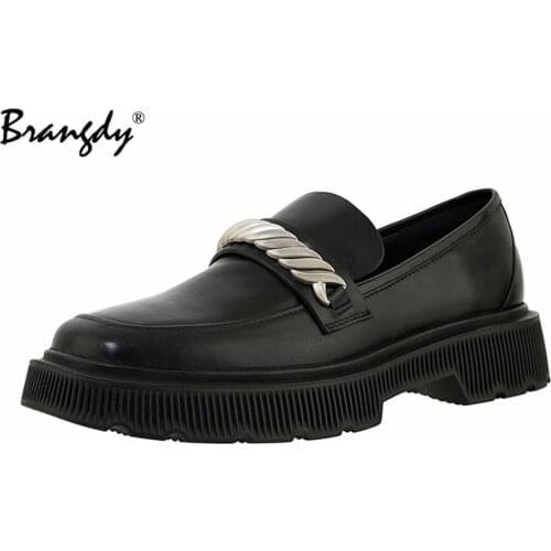 BrangdyGenuine Leather Mid Heel Pumps Women Loafers Shoes Chain Slip On Chunky Heels Footwear Female Casual Shoes Black
