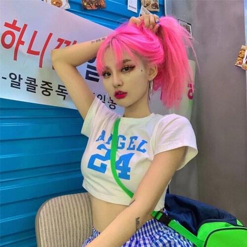 Women Angel Letter Printed Tees Summer Short Sleeve T-shirt Fashion Slim Crop Top Casual Open Dance Knot Short Tops 2021 New