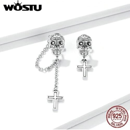 Wostu 2020 Authentic 925 Sterling Silver Skull with Cross Stud Earrings for Women Oxidized Silver ear Jewelry BSE419